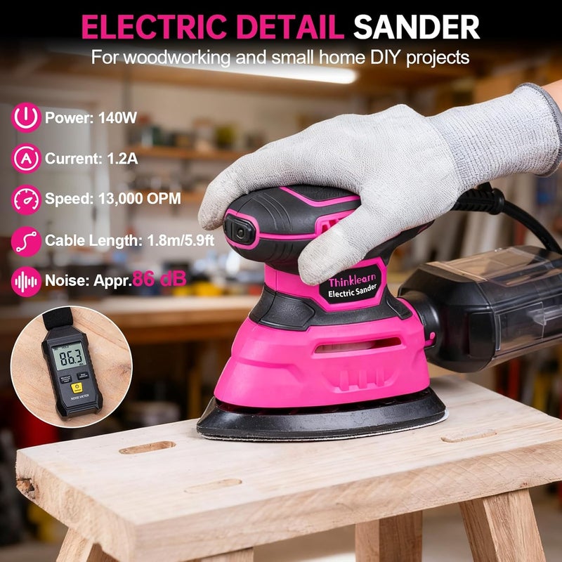 ThinkLearn Detail Sander - 13000 OPM Compact Electric Sander Tool, 1.2A Mouse Sanders with 15Pcs Sandpapers and Dust Box, Handheld Sanding Machine for Woodworking, Furniture and Small Projects - Image 4